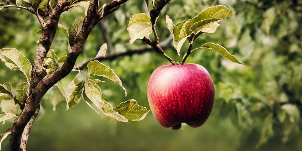 Image similar to a close - up photographic picture of an apple on a tree, photographic filter, unreal engine 5, realistic, hyperdetailed, 8 k, cinematic, volumetric lighting, very realistic effect, hd, hdr, 4 k, sharp focus, octane render, ultra detailed, high resolution, trending on artstation in the style of albert dros glowing rich colors powerful imagery