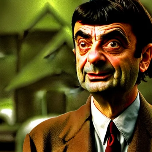 Prompt: mr. bean as rambo. movie still. cinematic lighting.