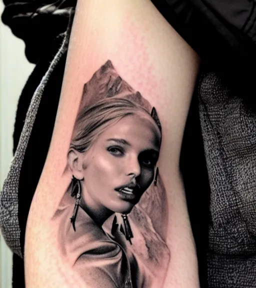 Image similar to hyper realism tattoo sketch of a beautiful woman face double exposure effect with beautiful mountains, in the style of matteo pasqualin, amazing detail, sharp, faded