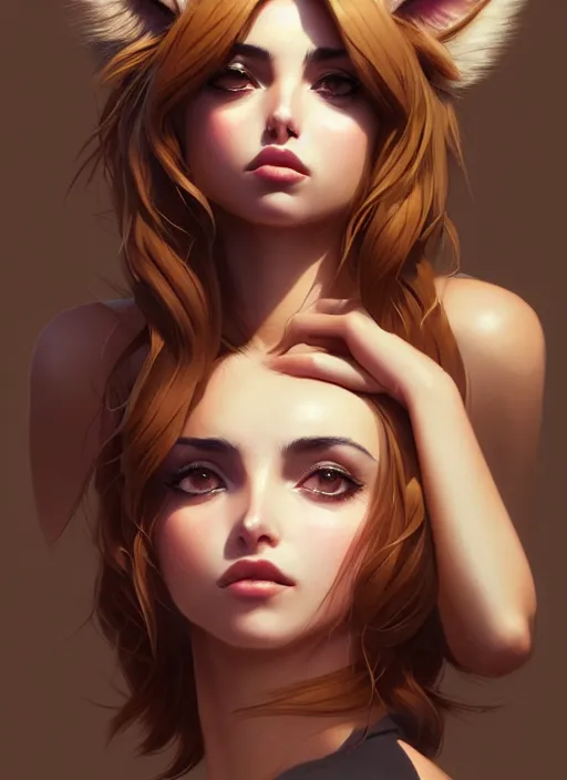 Prompt: ultradetailed beautiful panting of a stylish young lady ( ( ana de armas ) ) wearing a brown foxgirl suit with cat ears, dramatic, furry, she has blond hair, distressed, volumetric light, by greg rutkowski, ilya kuvshinov, james jean, makoto shinkai, on artstation