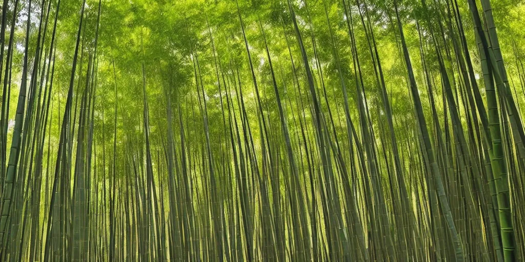 Image similar to ultra wide angle matte painting of the shunan bamboo forest in china, majestic!!! beautiful!!!, ethereal!!! ultra realistic, golden hour, volumetric lighting, sharp focus