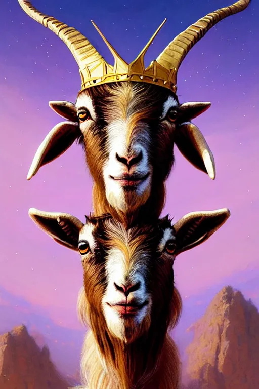 Prompt: highly detailed portrait of a three - headed goat wearing golden crown and pink tutut, stephen bliss, unreal engine, fantasy art by greg rutkowski, rhads, ferdinand knab, makoto shinkai and lois van baarle, ilya kuvshinov, rossdraws, tom bagshaw, global illumination, radiant light, red blue theme, meadow