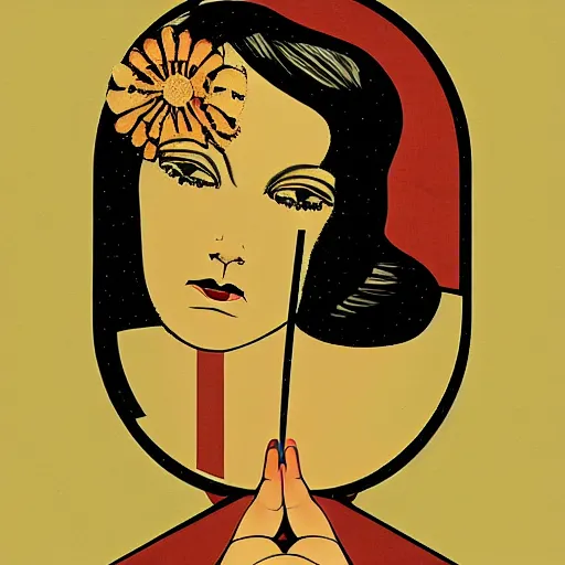 Image similar to Art in the style of Coles Phillips, Gaia, Mother Earth, side portrait, mask inside mask