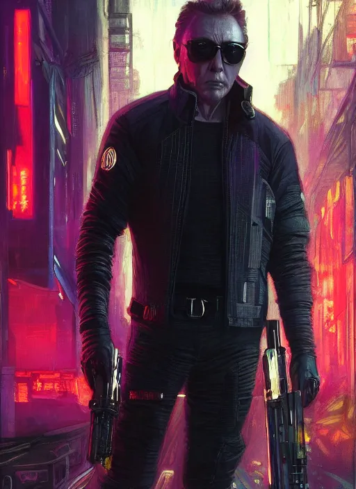 Prompt: Christopher Walken. Cyberpunk assassin in tactical gear. blade runner 2049 concept painting. Epic painting by James Gurney, Azamat Khairov, and Alphonso Mucha. ArtstationHQ. painting with Vivid color. (rb6s, Cyberpunk 2077)