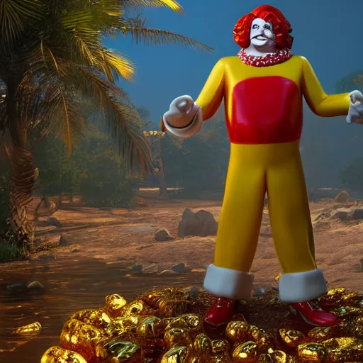Image similar to A still of Ronald McDonald surrounded by gold and diamonds, Award-winning, photograph, 3d render, unreal engine, 4k detailed