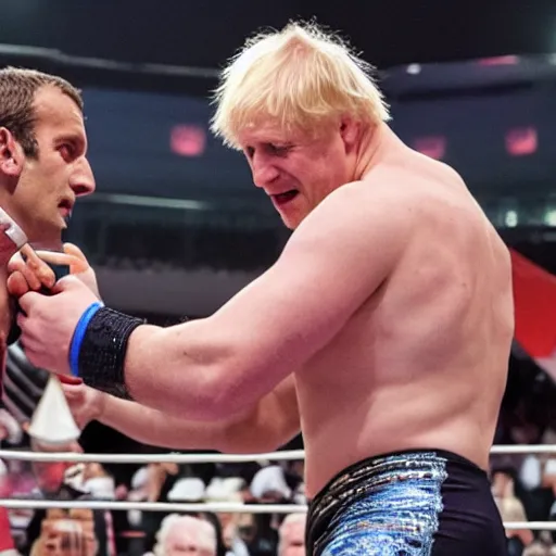 Prompt: film still of a gladiator arena duel fight, boris johnson wrestles emmanuel macron holding his head