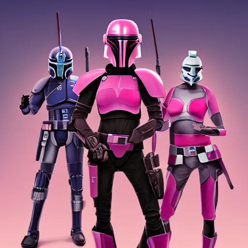 Image similar to bo katan, koska reeves, and a very fancy female mandalorian in a pink suit and bedazzled helmet. digital art. photo realistic. 4 k. intricate. detailed. by krenz cush art simon fetscher.