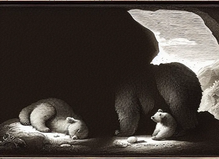 Image similar to Pieter Claesz's 'a bear and her cub sleeping in a dark cave, lit by hole in roof', night time, cross hatching, backlit, beautiful wooden frame, monochrome, colours of the sunset