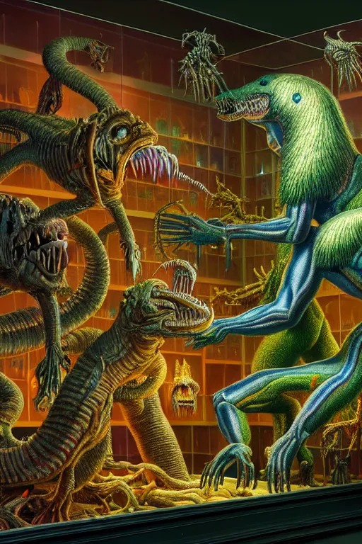 Prompt: a hyperrealistic detailed painting of a museum of rainbow abomination creatures, glass displays with mutated creature, scientific specimens, oddities, cinematic lighting, depth perspective, depth of field, cinematic angle, by chris cunningham and richard corben, highly detailed, vivid color,