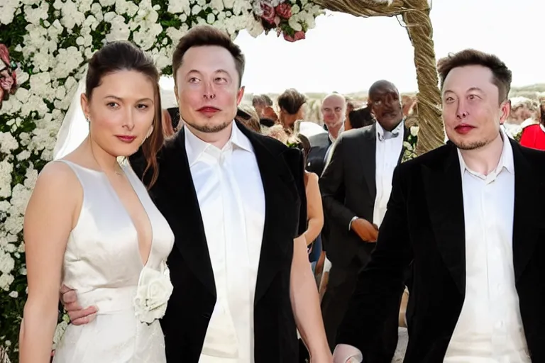 Prompt: elon musk and his girlfriend on wedding
