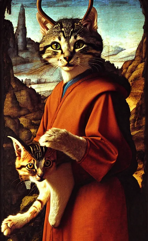 Image similar to a bipedal cat that has goat horns, anthropomorphic cat that is wearing robes, matte oil painting, by leonardo da vinci, by michelangelo, d & d, fantasy, concept art, cosmic, magical, fog, noble, full body portrait, intricate, ornate, extremely detailed, cult, ritual, sharp focus, 4 k, 8 k