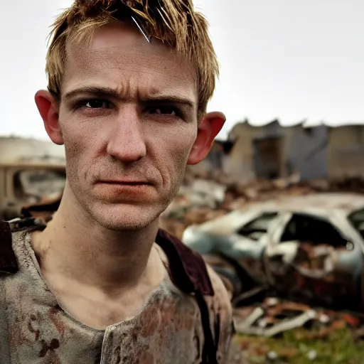Image similar to close up headshot of a skinny high-fantasy elf with a long face narrow chin and spiky blonde hair wearing dark brown overalls and holding a bomb next to a destroyed car, gel spiked blond hair, small ears, high resolution film still, HDR color