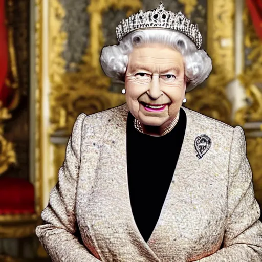 Prompt: the queen of england making a rude gesture in a magazine cover photo.