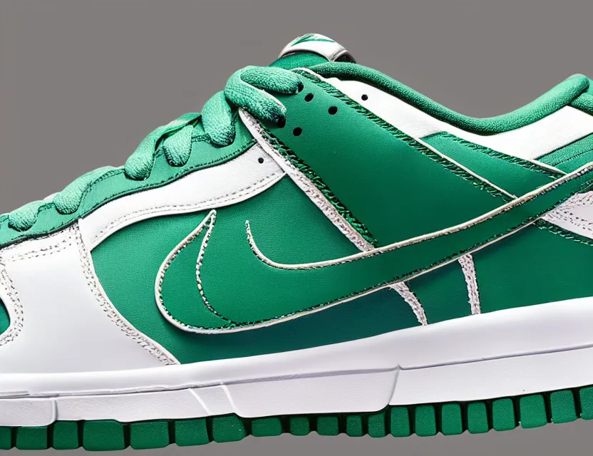 Image similar to a press photograph of nike dunk low pine green and white, size 1 0, white background