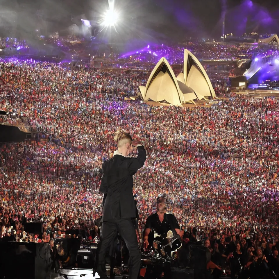 Prompt: daniel johns is about to start a new show, but before he does, he has a vision of himself performing at the sydney opera house. he then dreams of the sydney opera house. colorful, vivid