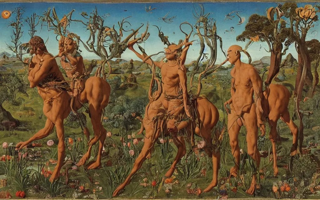 Image similar to a portrait photograph of a meditating satyr and a centaur monk riding a rocket machine and hunting at a river delta. surrounded by bulbous flowers and trees. mountain range under a blue sky of fiery stars. by jan van eyck, max ernst, ernst haeckel, ernst fuchs and artgerm, cgsociety, fashion editorial, 8 k