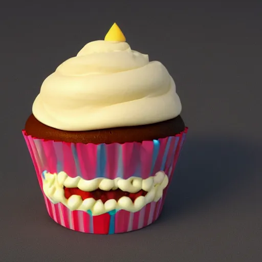 Prompt: ice cream cupcake shaped like screaming chucky doll, octane render, centered, ultrarealistic