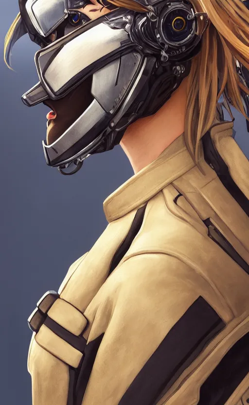 Image similar to side portrait of mechanized valkyrie, anime style, leather jacket, ace pilot, blonde hair, hair down, symmetrical facial features, from arknights, hyper realistic, 4 k, rule of thirds, extreme detail, detailed drawing, safebooru, hd, d & d, realistic lighting, by alphonse mucha, greg rutkowski, backlit