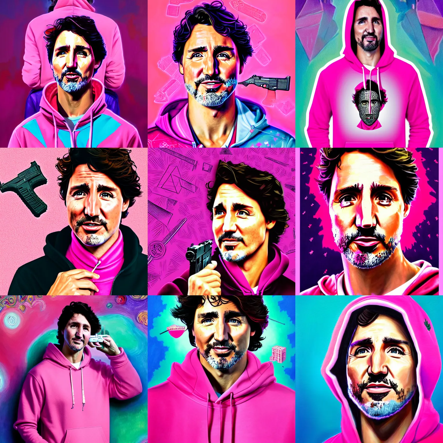 Prompt: portrait of justin trudeau holding a glock wearing pink hoody, geometric background, detailed, magic realism, mike judge, josephine wall, huang guangjian, viktoria gavrilenko, amanda sage, trending on artstation