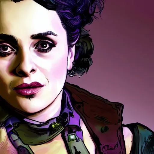 Image similar to helena bonham carter portrait, borderlands, tales from the borderlands, the wolf among us, comic, cinematic lighting, studio quality, 8 k