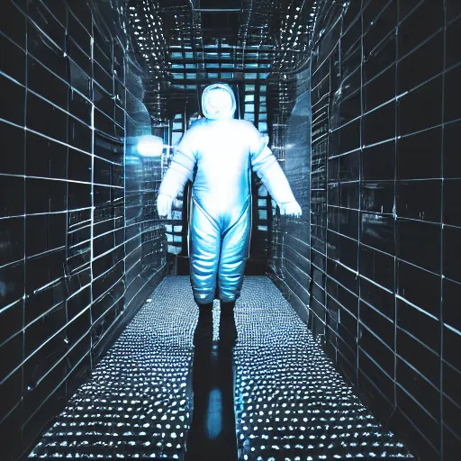 Prompt: mysterious man in silver space suit, walking on a small l shaped steel catwalk, floating in the darkness of space, with a black background, photograph, wide angle, long shot