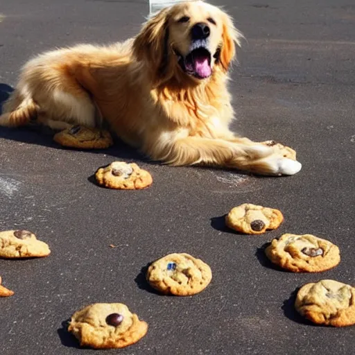 Image similar to a lonely golden retriever staring at a pile of cookies on the ground