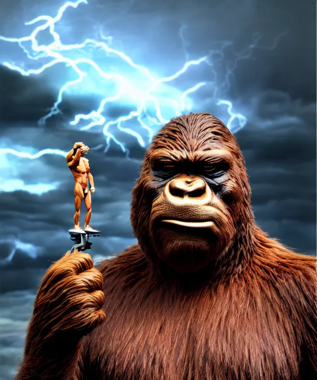 Image similar to hyperrealistic rendering, epic boss battle, bigfoot sasquatch, by art of skinner and richard corben, product photography, collectible action figure, sofubi, hottoys, storm clouds, outside, lightning