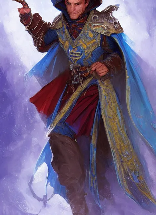 Image similar to bright blue cloak male priest, ultra detailed fantasy, dndbeyond, bright, colourful, realistic, dnd character portrait, full body, pathfinder, pinterest, art by ralph horsley, dnd, rpg, lotr game design fanart by concept art, behance hd, artstation, deviantart, hdr render in unreal engine 5