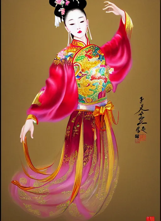 Prompt: full portrait of a chinese dancer doing a silk ribbon dance, feet, barefoot, lean, vivacious, extremely beautiful, elaborate gold jewelry, hanfu, traditional chinese clothes, silk ribbons, colorful ribbons, ming dynasty, detailed, realistic face, anatomically accurate, modern fantasy art.