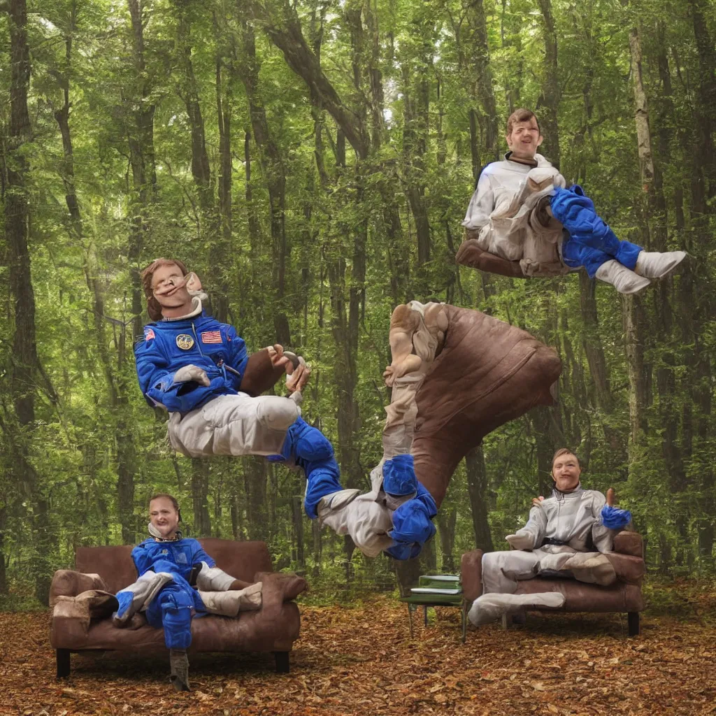 Image similar to astronaut sitting on a couch in the forest