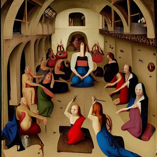 Image similar to medieval yoga in style of hieronymus bosch, 4k, hyper realistic,