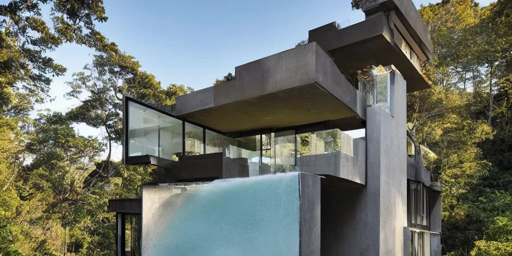 Image similar to a modernist residence on a cliffside with a waterfall