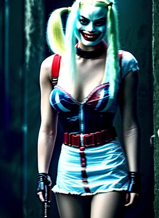 Prompt: 2 8 mm photo of beautiful suicide squad happy margot robbie with long white hair that looks like harley quinn standing on the wet street of dystopian gotham city at night, angry frown, seductive camisole, pinup model, glamour fashion pose, cinematic, volumetric lighting octane, ridley scott,