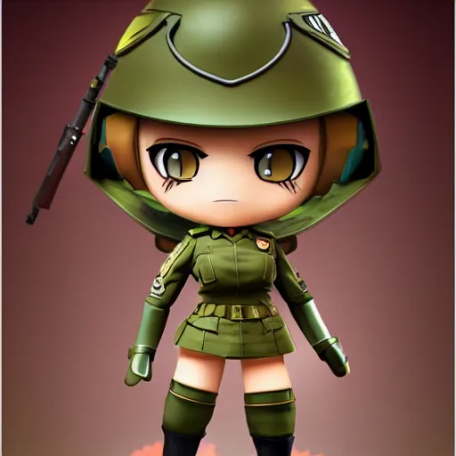 Image similar to a well built funny nendroid girl wearing a luxurious military uniform, highly detailed digital art, intricate, dark colors, cartoon lighting, 8 k