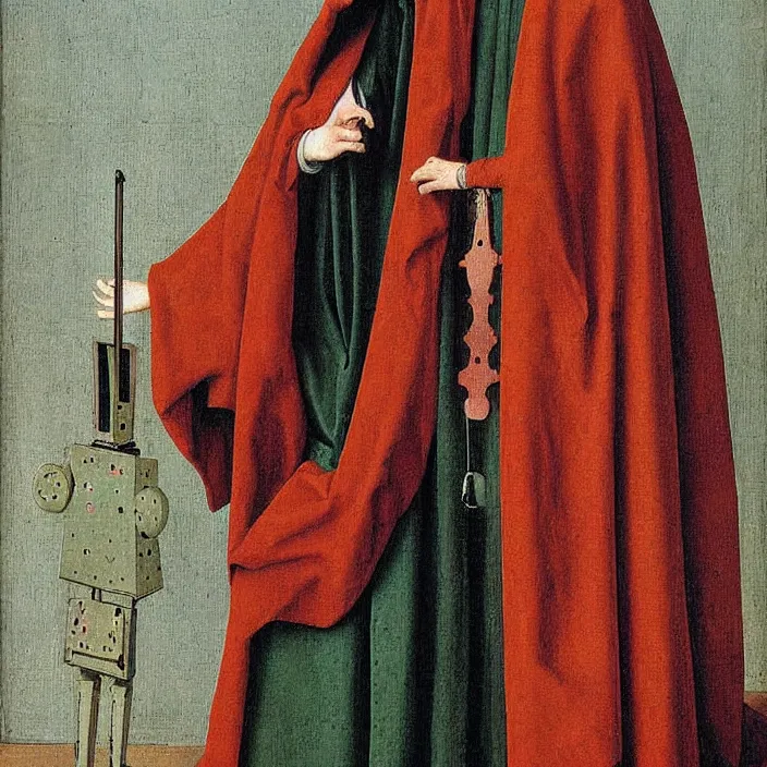 Image similar to a robot wearing a hooded cloak, by Jan van Eyck