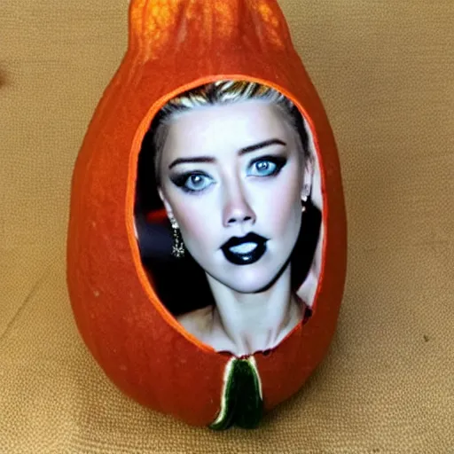 Image similar to a gourd shaped to look like the face of amber heard