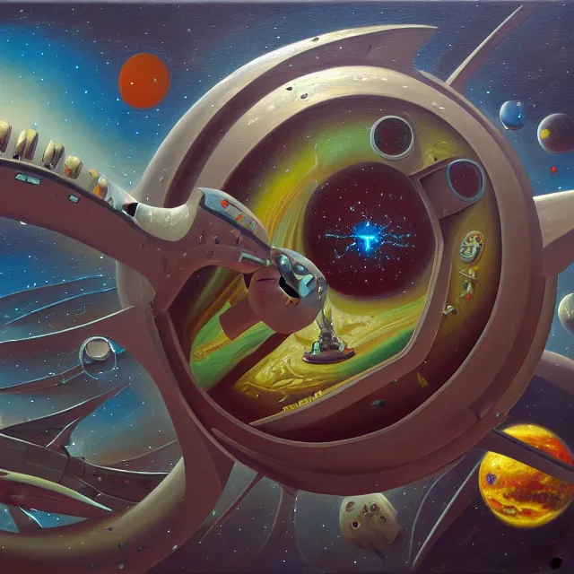 Prompt: an oil on canvas painting of a spaceship, polycount, surrealism, surrealist, cosmic horror, high detail