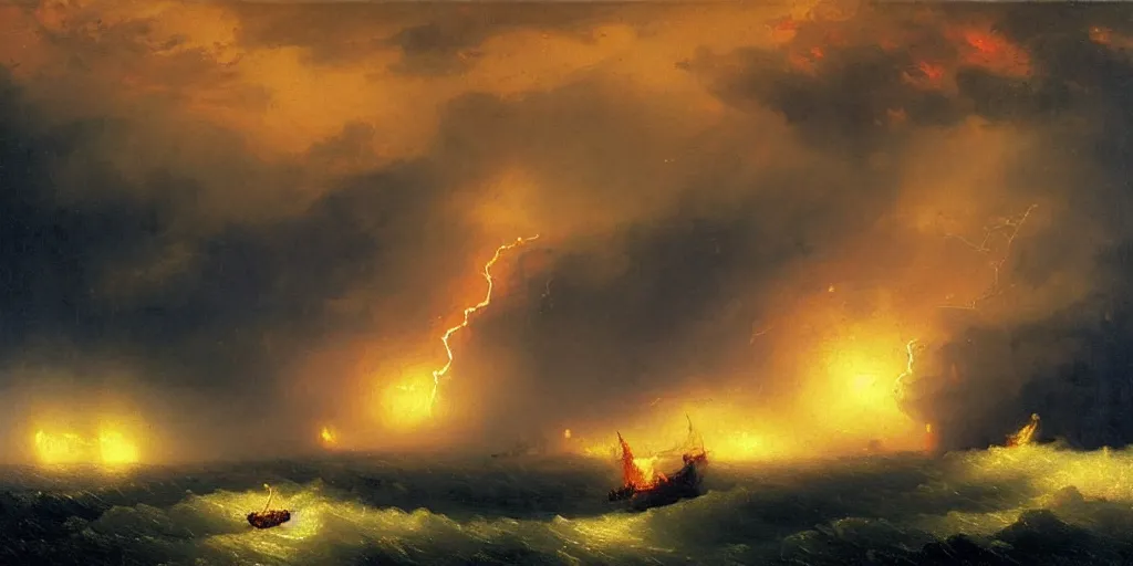 Image similar to a painting of a ship in a lightning storm on fire, struck by lightning, by ivan aivazovsky