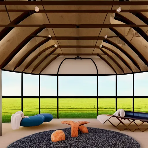 Image similar to interior view of modern futuristic farm barn architecture, cows on sofas pigs in hammocks chickens in lounge chairs, modern interior design, throw pillows, areas rugs, feed troughs, hay, detailed luminescent oil painting 4 k