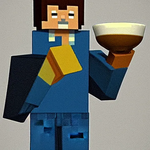 Prompt: minecraft steve holding a small china cup with steam coming out of tea, romanticism style, detailed facial proportions