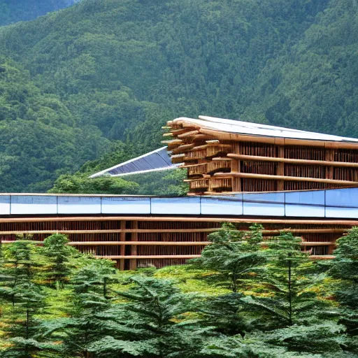 Prompt: a building in a stunning landscape by kengo kuma