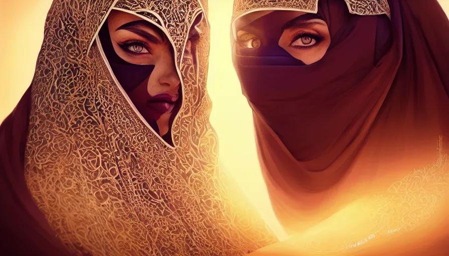 Image similar to Portrait of very very very very very very beautiful Arab woman wearing a Niqab, glowing magical eyes, energy trails, under giant full moon in the desert, intricate, elegant, highly detailed, digital painting, artstation, concept art, smooth, sharp focus, illustration, art by artgerm and greg rutkowski and alphonse mucha