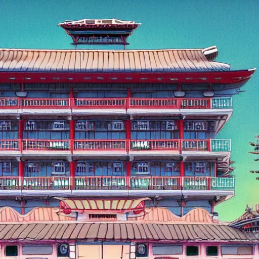 Prompt: a hotel that looks like the bathhouse in spirited away, in the style of Keen Art on ArtStation, 4k,