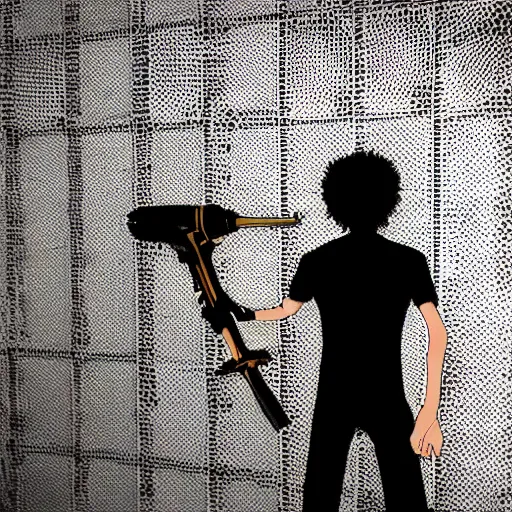 Image similar to close-up scene neighbor holding a drill and drilling holes in a room, all wall is drilled with holes, manga, black and white manga horror in style of junji ito, kentaro miura