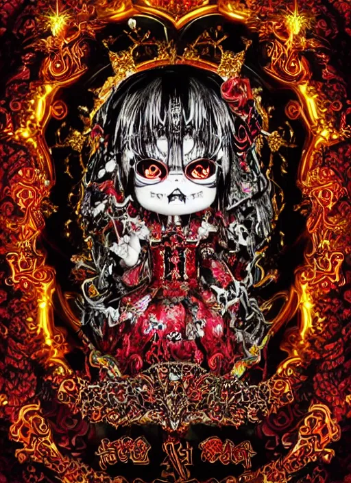 Image similar to baroque bedazzled gothic royalty frames surrounding a pixelsort emo demonic horrorcore japanese yokai doll, low quality sharpened graphics, remastered chromatic aberration spiked korean bloodmoon sigil stars draincore, gothic demon hellfire hexed witchcore aesthetic, dark vhs gothic hearts, neon glyphs spiked with red maroon glitter breakcore art by guro manga artist Shintaro Kago