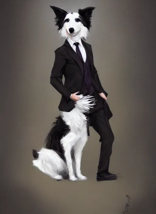 Prompt: beautiful portrait of a cute male anthropomorphic border collie fursona wearing a suit downtown. by charlie bowater, henry asencio, and ross tran. scenic background, detailed, concept art, detailed hands, glamor pose, aesthetic, trending on artstation, top rated on furaffinity and deviantart