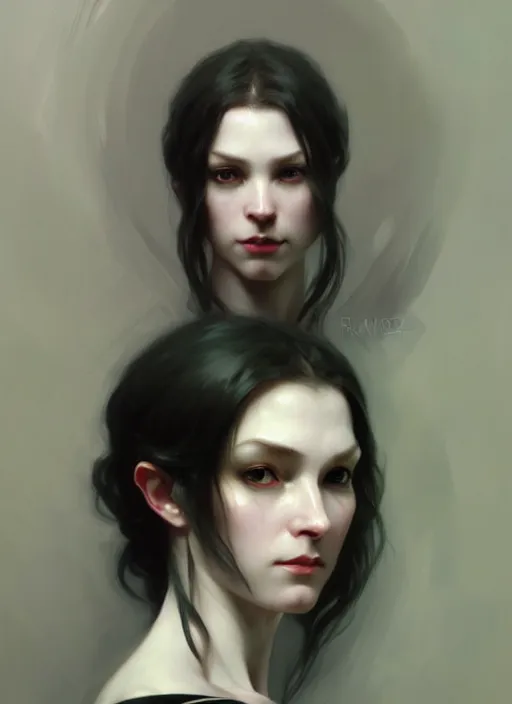 Image similar to character concept portrait of a female wizard with pale skin, dark vibe, intricate, elegant, digital painting, concept art, smooth, sharp focus, illustration, from Metal Gear, by Ruan Jia and Mandy Jurgens and William-Adolphe Bouguereau, Artgerm,