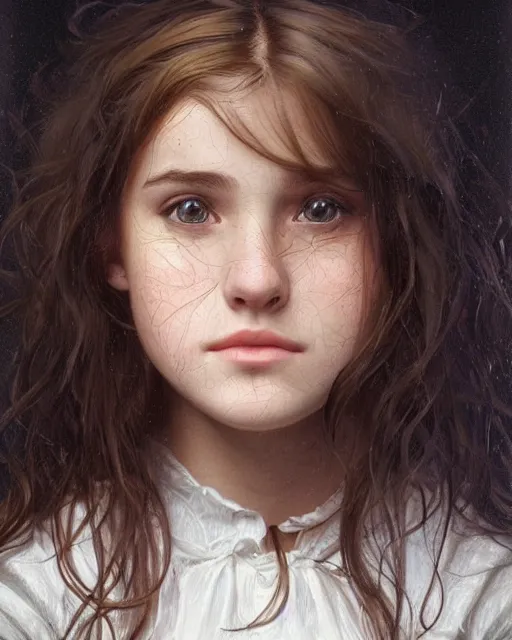 Image similar to portrait of 1 5 - year - old girl, little smile, with large front teeth, hermione, very bushy brown hair, and very bright brown eyes, wearing white shirt, hyper realistic face, beautiful eyes, close up, fantasy art, in the style of greg rutkowski, intricate, alphonse mucha, hyper detailed, smooth