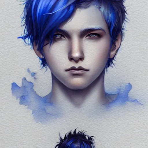 Prompt: teen boy, blue hair, short hair, serious, intricate, ethereal, highly detailed, sharp focus, artstation, watercolor, by charlie bowater and ross tran