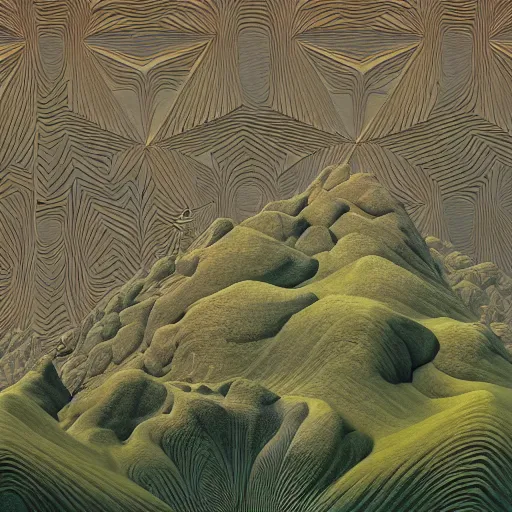 Prompt: beautiful rendered in zbrush ancient painting of a beatiful scenic mountain range surrounded by holographic Myrtle squares, by Jean Giraud and Zdzisław Beksiński and Chesley Bonestell and James Gurney, Mc Escher,